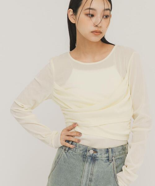 KBF(ケイビーエフ)の「シアーベロアクロスドレープTEE(Tシャツ/カットソー・レディース・アイボリー・ONE)」の1枚目の写真