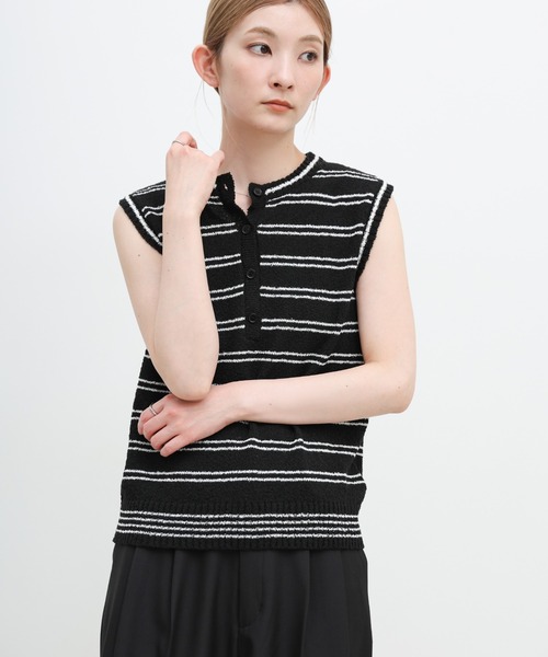 select MOCA(セレクトモカ)の「サマーニットブークレボーダーノースリーブトップス(ニット/セーター・レディース・グレー/ブラック・FREE)」の2枚目の写真
