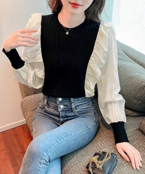 Miniministore(ミニミニストア)の「ミニケーブルドッキング ニットフリル付き(ニット/セーター・レディース・アイボリー/ブラック/キャメル/ワインレッド/ブラウン・FREE)」の6枚目の写真