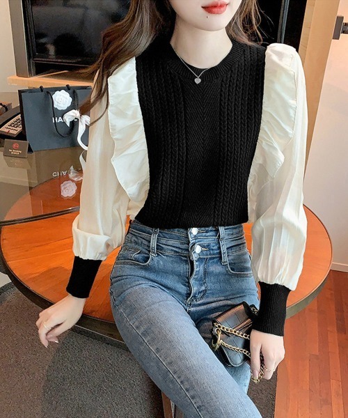 Miniministore(ミニミニストア)の「ミニケーブルドッキング ニットフリル付き(ニット/セーター・レディース・アイボリー/ブラック/キャメル/ワインレッド/ブラウン・FREE)」の7枚目の写真