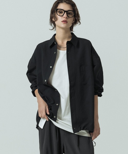 SLICK（スリック）の「【SLICK/スリック】Seersucker Gingham Check Drawstring Shirt/シアサッカー ギンガムチェック ドロストシャツ/レギュラーカラーシャツ（シャツ/ブラウス・メンズ・ブラック/ライトグレー/スミクロ・1/2/3）」の4枚目の写真