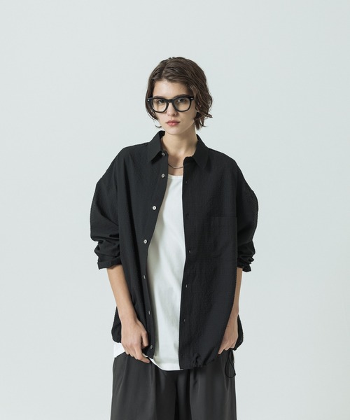 SLICK（スリック）の「【SLICK/スリック】Seersucker Gingham Check Drawstring Shirt/シアサッカー ギンガムチェック ドロストシャツ/レギュラーカラーシャツ（シャツ/ブラウス・メンズ・ブラック/ライトグレー/スミクロ・1/2/3）」の7枚目の写真