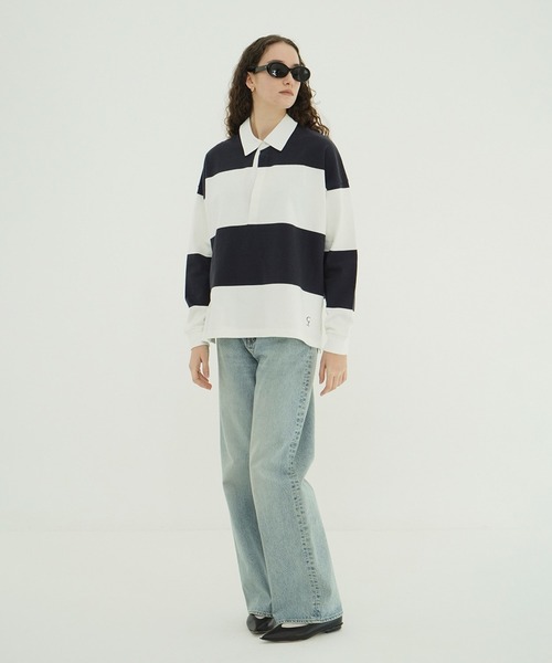 CLANE（クラネ）の「DEEP NECK WIDE RUGBY SHIRTS（Tシャツ/カットソー・レディース・ネイビー/グレー・1/2）」の3枚目の写真