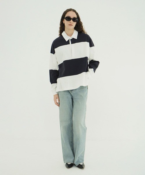 CLANE（クラネ）の「DEEP NECK WIDE RUGBY SHIRTS（Tシャツ/カットソー・レディース・ネイビー/グレー・1/2）」の4枚目の写真