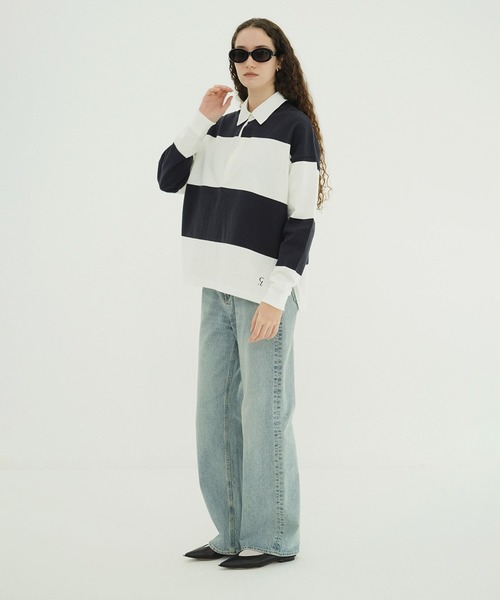 CLANE（クラネ）の「DEEP NECK WIDE RUGBY SHIRTS（Tシャツ/カットソー・レディース・ネイビー/グレー・1/2）」の5枚目の写真