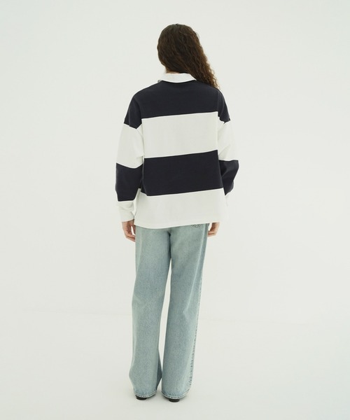 CLANE（クラネ）の「DEEP NECK WIDE RUGBY SHIRTS（Tシャツ/カットソー・レディース・ネイビー/グレー・1/2）」の6枚目の写真
