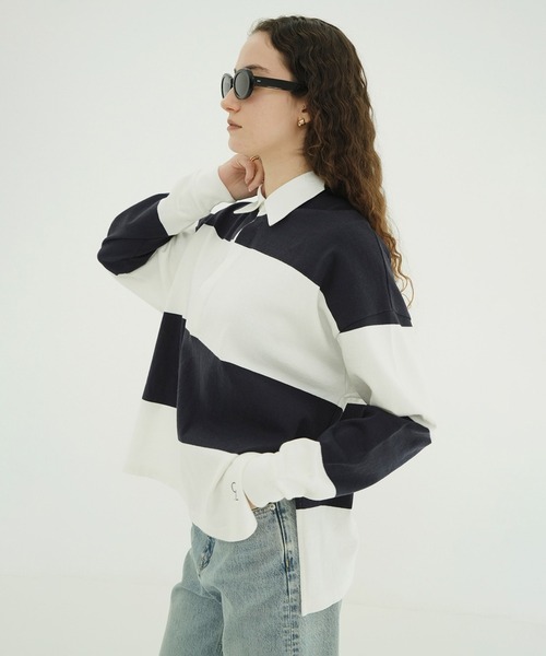 CLANE（クラネ）の「DEEP NECK WIDE RUGBY SHIRTS（Tシャツ/カットソー・レディース・ネイビー/グレー・1/2）」の7枚目の写真