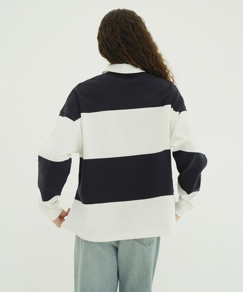 CLANE（クラネ）の「DEEP NECK WIDE RUGBY SHIRTS（Tシャツ/カットソー・レディース・ネイビー/グレー・1/2）」の8枚目の写真