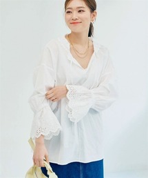 nissen | 袖口スカラ刺しゅうレース衿フリルシャツチュニック(シャツ/ブラウス)