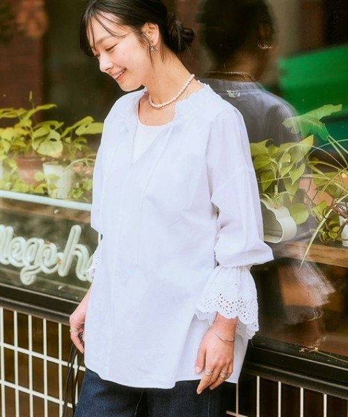 nissen(ニッセン)の「袖口スカラ刺しゅうレース衿フリルシャツチュニック(シャツ/ブラウス・レディース・ブラック/オフホワイト/イエロー・L/M/S/LL)」の13枚目の写真