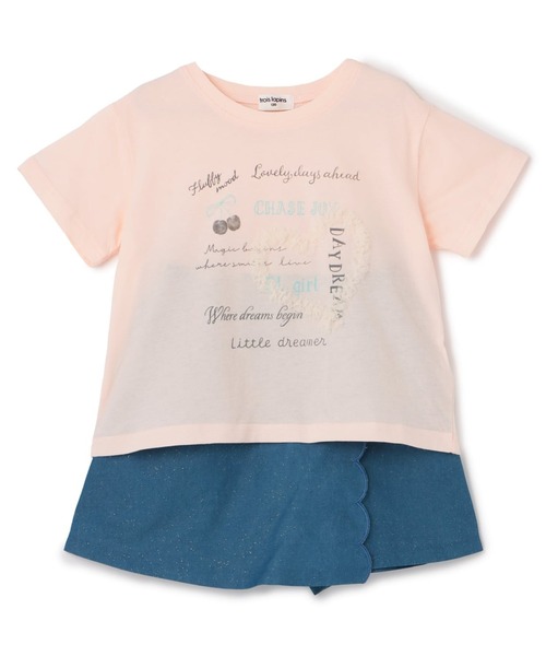 trois lapins kp（トロワラパンケーピー）の「【Trois Lapins】 天竺×ラメデニム 上下セット（Tシャツ/カットソー・キッズ・オフホワイト/ピンク・120cm/130cm/140cm/150cm/160cm）」の2枚目の写真