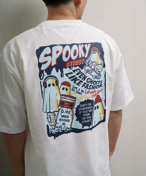 高密度編み 度詰め天竺 左胸オバケ刺繍 バックプリント 半袖Tシャツ（T