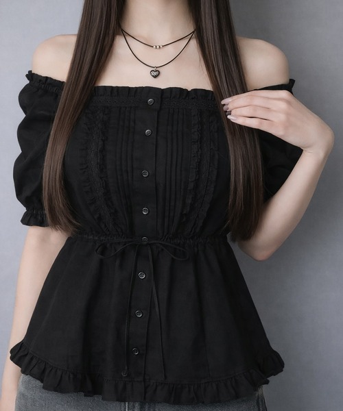 SPINNS（スピンズ）の「2WAYオフショル半袖ブラウス/レース（シャツ/ブラウス・レディース・ブラック/ナチュラル/ブラウン・ONESIZE）」の2枚目の写真