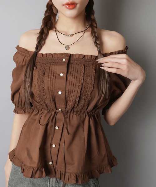 SPINNS（スピンズ）の「2WAYオフショル半袖ブラウス/レース（シャツ/ブラウス・レディース・ブラック/ナチュラル/ブラウン・ONESIZE）」の6枚目の写真
