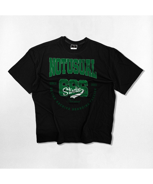 NOTUSUAL(ノットユージュアル)の「グリーンスタジオ オーバーサイズ 半袖Tシャツ 4カラー(Tシャツ/カットソー・レディース・ホワイト×グレー/ブラック/ネイビー/ホワイト・SMALL/MEDIUM/LARGE/X-LARGE)」の1枚目の写真