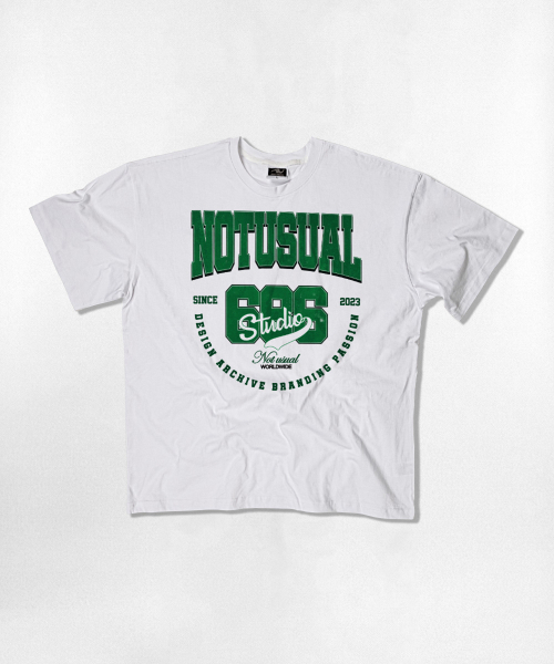 NOTUSUAL(ノットユージュアル)の「グリーンスタジオ オーバーサイズ 半袖Tシャツ 4カラー(Tシャツ/カットソー・レディース・ホワイト×グレー/ブラック/ネイビー/ホワイト・SMALL/MEDIUM/LARGE/X-LARGE)」の7枚目の写真