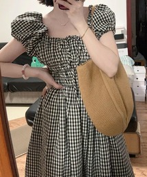 AMAJI（アマジ）の「フレンチ風 ギンガムチェックワンピース レディース 夏 パフスリーブ ウエストマーク ロングワンピース（ワンピース）」