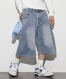 ワイドシルエット ヴィンテージ加工 クロップド カーブ デニム ショートパンツ