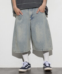 ワイドシルエット ヴィンテージ加工 クロップド カーブ デニム ショートパンツ