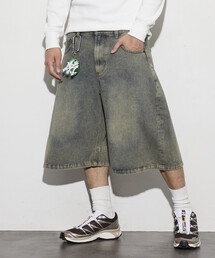 ワイドシルエット ヴィンテージ加工 クロップド カーブ デニム ショートパンツ