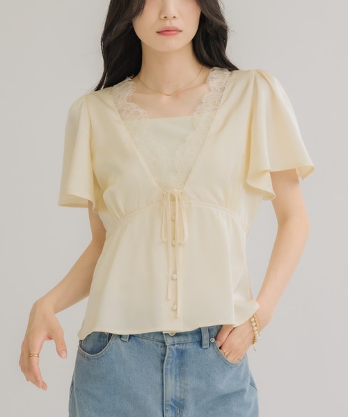 Saten×Lace Peplum Blouse — платье-пальто «надень и выгляди» — сатен с кружевом