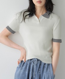 配色ポロカラー ニットトップス