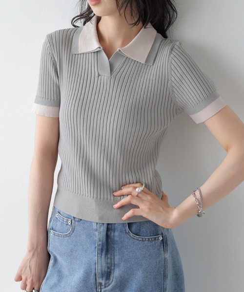 AMELY(エミリー)の「配色ポロカラー ニットトップス(ニット/セーター・レディース・グレー/ライトグレー/ホワイト/ブラック・フリー)」の3枚目の写真