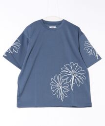 /ATELANE/ストレッチポンチ フラワープリント、ハンドステッチ、S/S Tee
