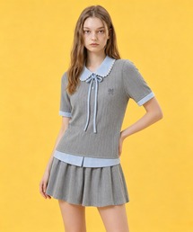 HOOK for girls ケーブルカットソー× チェック切替 ピーターパン衿 リボンタイ 半袖 トップス (SS)