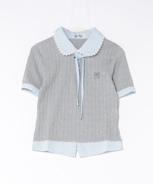 HOOK(フック)の「HOOK for girls ケーブルカットソー× チェック切替 ピーターパン衿 リボンタイ 半袖 トップス (SS)(その他トップス・レディース・グレー・FREE)」の15枚目の写真