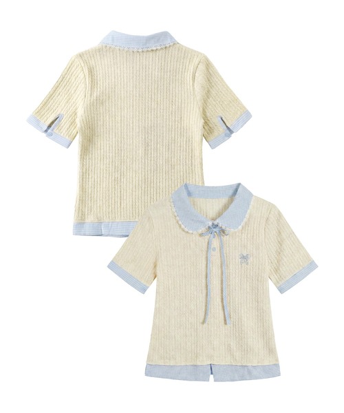 HOOK(フック)の「HOOK for girls ケーブルカットソー× チェック切替 ピーターパン衿 リボンタイ 半袖 トップス (SS)(その他トップス・レディース・グレー・FREE)」の3枚目の写真