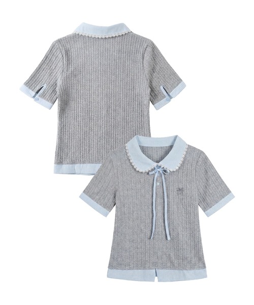 HOOK(フック)の「HOOK for girls ケーブルカットソー× チェック切替 ピーターパン衿 リボンタイ 半袖 トップス (SS)(その他トップス・レディース・グレー・FREE)」の2枚目の写真
