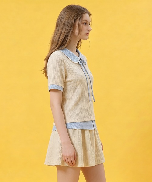 HOOK(フック)の「HOOK for girls ケーブルカットソー× チェック切替 ピーターパン衿 リボンタイ 半袖 トップス (SS)(その他トップス・レディース・グレー・FREE)」の9枚目の写真