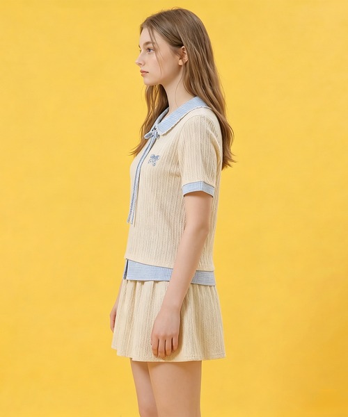 HOOK(フック)の「HOOK for girls ケーブルカットソー× チェック切替 ピーターパン衿 リボンタイ 半袖 トップス (SS)(その他トップス・レディース・グレー・FREE)」の7枚目の写真