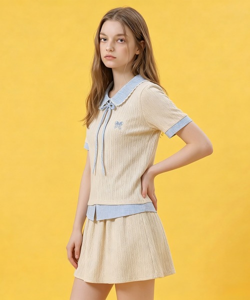 HOOK(フック)の「HOOK for girls ケーブルカットソー× チェック切替 ピーターパン衿 リボンタイ 半袖 トップス (SS)(その他トップス・レディース・グレー・FREE)」の8枚目の写真