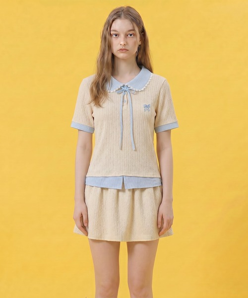 HOOK(フック)の「HOOK for girls ケーブルカットソー× チェック切替 ピーターパン衿 リボンタイ 半袖 トップス (SS)(その他トップス・レディース・グレー・FREE)」の18枚目の写真