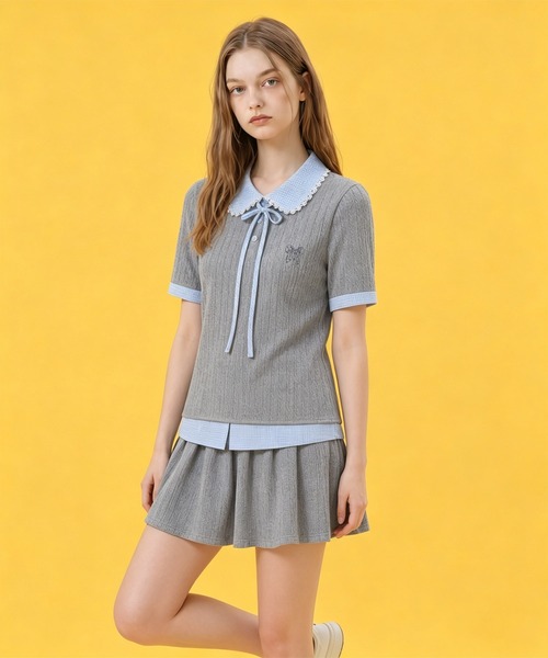 HOOK(フック)の「HOOK for girls ケーブルカットソー× チェック切替 ピーターパン衿 リボンタイ 半袖 トップス (SS)(その他トップス・レディース・グレー・FREE)」の4枚目の写真