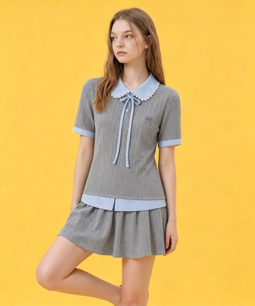 HOOK(フック)の「HOOK for girls ケーブルカットソー× チェック切替 ピーターパン衿 リボンタイ 半袖 トップス (SS)(その他トップス・レディース・グレー・FREE)」の16枚目の写真