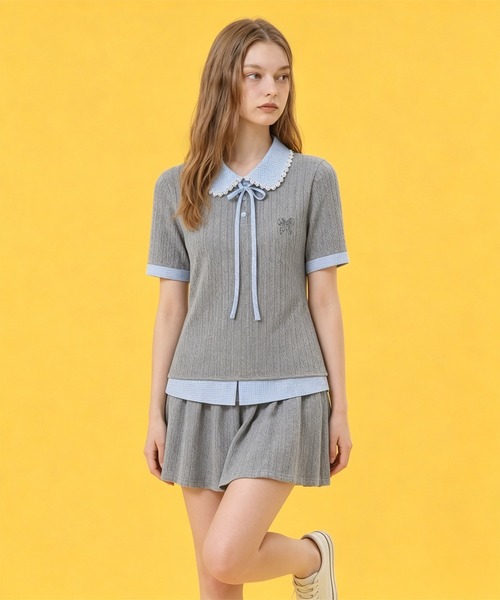 HOOK(フック)の「HOOK for girls ケーブルカットソー× チェック切替 ピーターパン衿 リボンタイ 半袖 トップス (SS)(その他トップス・レディース・グレー・FREE)」の17枚目の写真