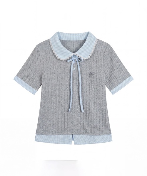 HOOK(フック)の「HOOK for girls ケーブルカットソー× チェック切替 ピーターパン衿 リボンタイ 半袖 トップス (SS)(その他トップス・レディース・グレー・FREE)」の11枚目の写真