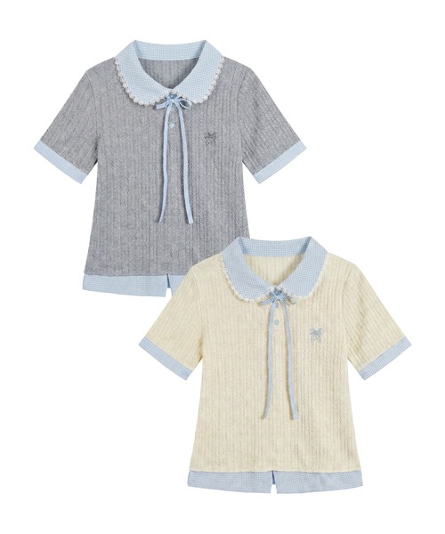 HOOK(フック)の「HOOK for girls ケーブルカットソー× チェック切替 ピーターパン衿 リボンタイ 半袖 トップス (SS)(その他トップス・レディース・グレー・FREE)」の10枚目の写真