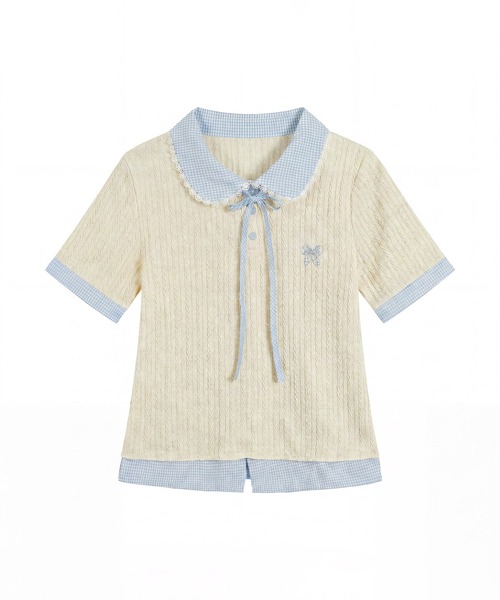 HOOK(フック)の「HOOK for girls ケーブルカットソー× チェック切替 ピーターパン衿 リボンタイ 半袖 トップス (SS)(その他トップス・レディース・グレー・FREE)」の6枚目の写真