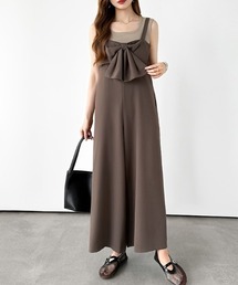 リボンサロペット ワイド パンツ サロペット リボン サロペットパンツ ワイドサロペット レイヤード ポケット付き 春服 夏服 秋服