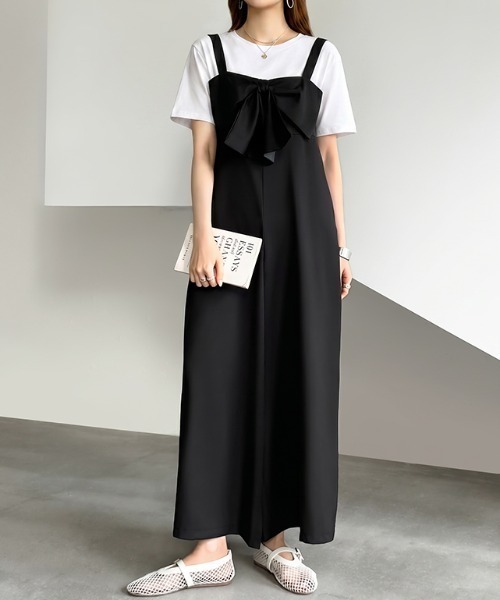 COCOMOMO(ココモモ)の「リボンサロペット ワイド パンツ サロペット リボン サロペットパンツ ワイドサロペット レイヤード ポケット付き 春服 夏服 秋服(サロペット/オーバーオール・レディース・ブラック/ブラウン・FREE)」の15枚目の写真