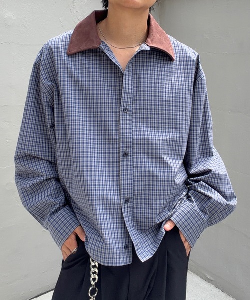 UNDERSTATEMENTs(アンダーステイトメント)の「【ユニセックス】ショート丈襟スエード切り替えシャツ(シャツ/ブラウス・メンズ・ネイビー/チャコールグレー/ブルー系/ブラック系その他・MEDIUM/LARGE)」の4枚目の写真