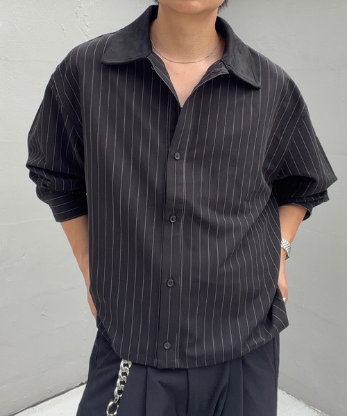 UNDERSTATEMENTs(アンダーステイトメント)の「【ユニセックス】ショート丈襟スエード切り替えシャツ(シャツ/ブラウス・メンズ・ネイビー/チャコールグレー/ブルー系/ブラック系その他・MEDIUM/LARGE)」の1枚目の写真