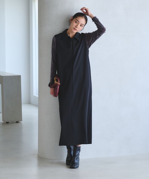 BEAUTY&YOUTH UNITED ARROWS(ビューティーアンドユースユナイテッドアローズ)の「【WEB限定 Wardrobe DAILY MINIMAL】ダブルクロス スキッパーワンピース ウォッシャブル(ワンピース・レディース・ブラック/ネイビー・M/S)」の1枚目の写真