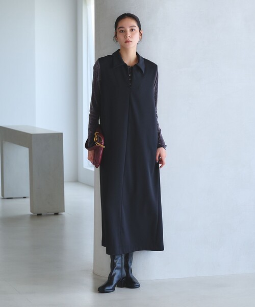 BEAUTY&YOUTH UNITED ARROWS(ビューティーアンドユースユナイテッドアローズ)の「【WEB限定 Wardrobe DAILY MINIMAL】ダブルクロス スキッパーワンピース ウォッシャブル(ワンピース・レディース・ブラック/ネイビー・M/S)」の3枚目の写真
