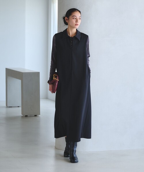 BEAUTY&YOUTH UNITED ARROWS(ビューティーアンドユースユナイテッドアローズ)の「【WEB限定 Wardrobe DAILY MINIMAL】ダブルクロス スキッパーワンピース ウォッシャブル(ワンピース・レディース・ブラック/ネイビー・M/S)」の4枚目の写真