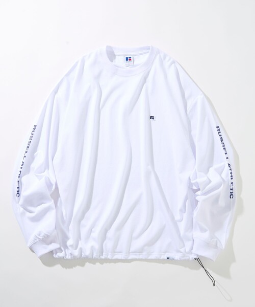 Russell Athletic(ラッセルアスレティック)の「RUSSELL ATHLETIC/ラッセルアスレティック 限定展開 RUSSELL ATHLETIC×FREAK'S STORE 別注 ビックシルエット スリーブロゴ ヘムコード ロングスリーブTシャツ/袖プリント(Tシャツ/カットソー・メンズ・ホワイト/ネイビー/アッシュグレー/ブラック・SMALL/LARGE/MEDIUM)」の2枚目の写真